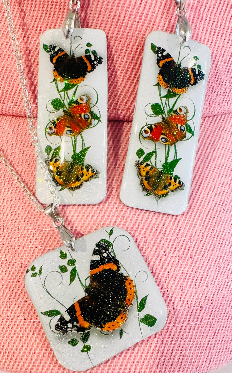British butterflies dangle earrings and pendant set.