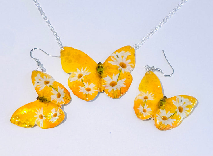 Beautiful yellow butterfly earrings and pendant set. Handmade from tin cans