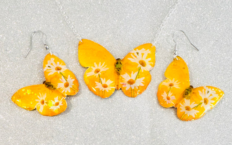 Beautiful yellow butterfly earrings and necklace set. Tin anniversary. Handmade from tin cans