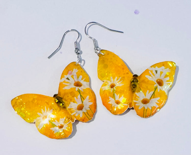 Beautiful yellow butterfly earrings. Tin anniversary. Handmade from tin cans
