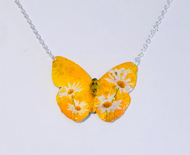 Beautiful yellow butterfly necklace. Tin anniversary. Handmade from tin cans