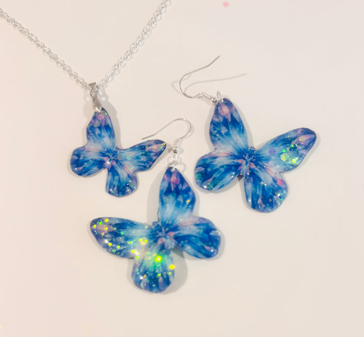 blue and pink handmade butterfly earrings and pendant