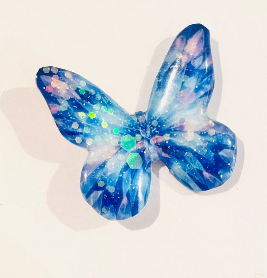 glittery handmade blue butterfly tin pin