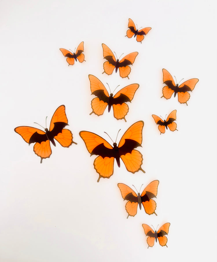 Orange Halloween Bat butterflies, Set of 10 3D wall sticker butterflies. Halloween unique handmade decorations