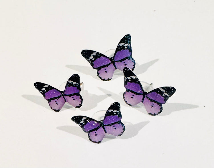 lilac butterfly stud earrings. Handmade From recycled tin cans.