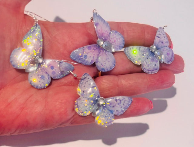 Beautiful pink, blue and lilac butterfly earrings. Butterfly drop Earrings. Handmade from tin cans