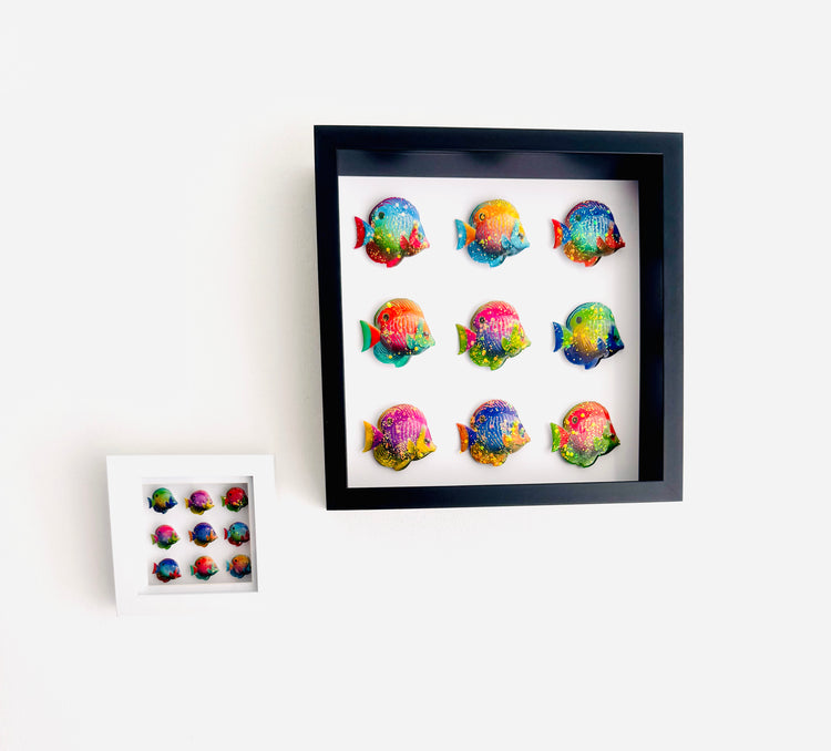 Tropical fish tin can framed picture.