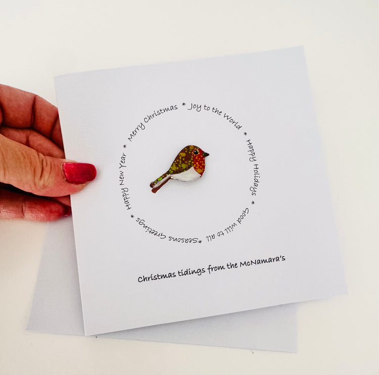Personalised Robin Christmas Card complete with a keepsake Enamel Pin or Magnet. Custom made