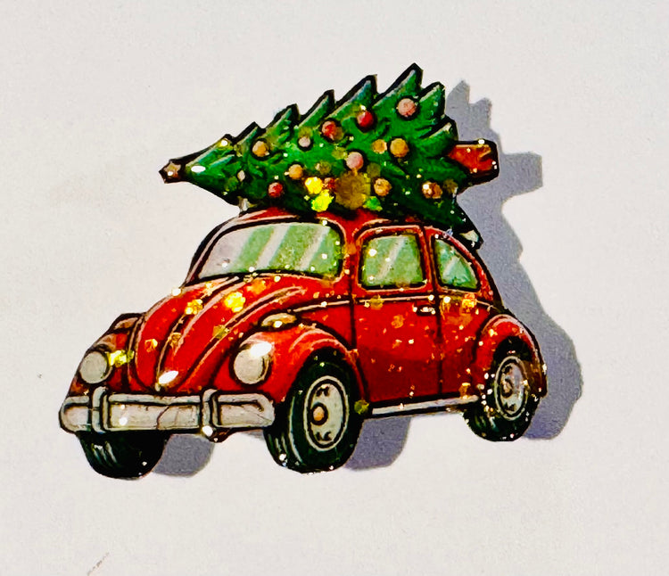 Funny enamel pin VW beetle with Christmas tree on roof