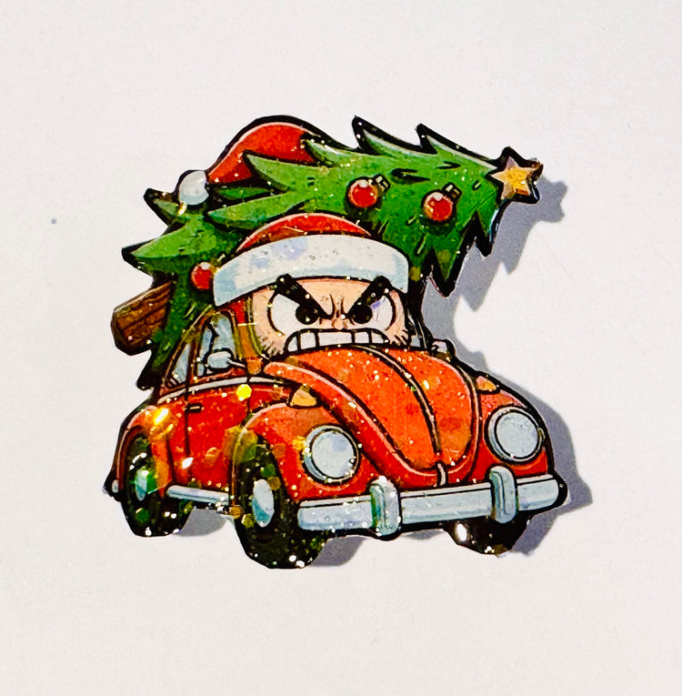 Driving home for Christmas Funny enamel pin VW beetle with Christmas tree on roof