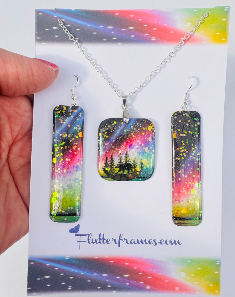The northern lights, aurora borealis earrings and pendant set. Upcycled tin can.Tin anniversary gift