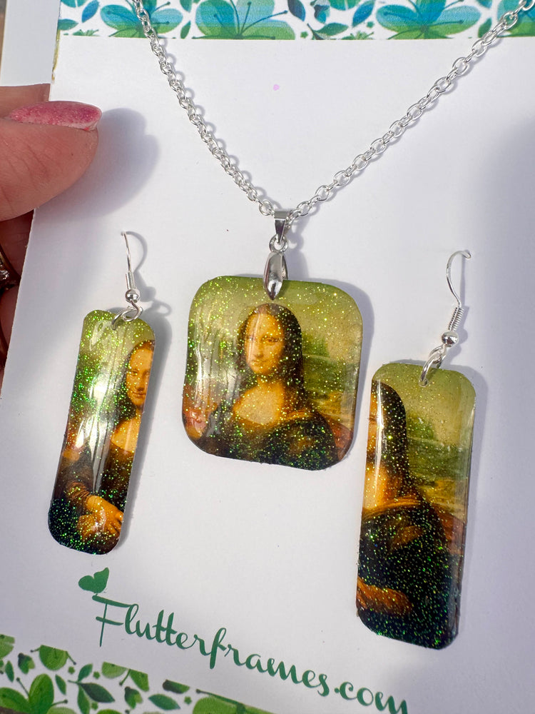 Mona Lisa Leonardo da Vinci earrings and pendant set. Upcycled tin can.Tin anniversary gift