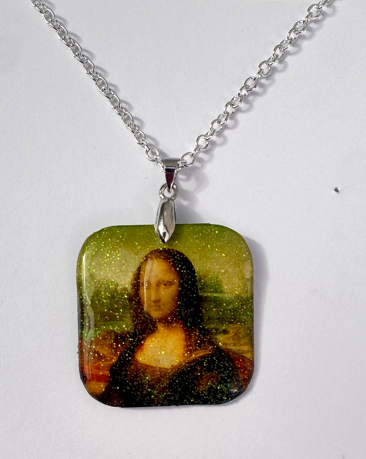 Mona Lisa pendant set. Upcycled tin can.Tin anniversary gift..made from recycled soda cans