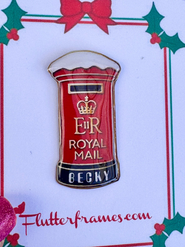 Christmas Red Post Box Handmade Enamel Pin – Personalised with name - Upcycled Recycled Tin Can Pin - Vintage Royal Mail letter box