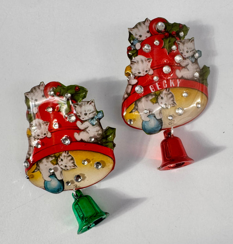Personalised with name festive earrings with red bells and kittens on a white background