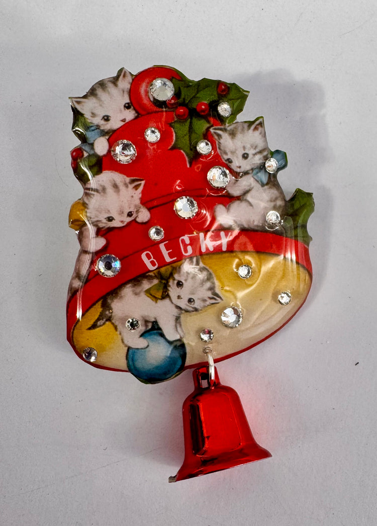 personalised with your name Christmas vintage bell with kittens. Unique Secret santa