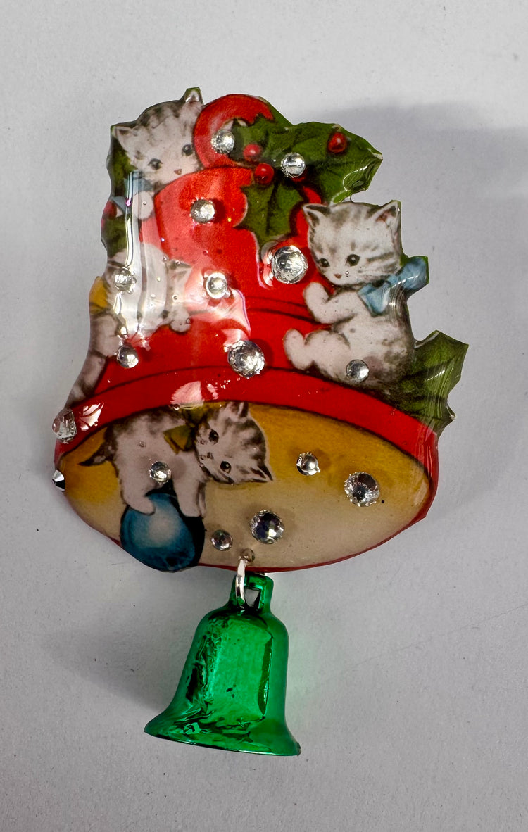 personalised with your name Christmas retro bell with kittens. Unique Secret santa