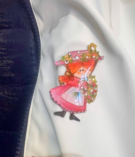 Vintage Old Lady with Flowers Brooch – Handmade Illustrated Jewellery from Recycled Tin Cans – Eco-Friendly Gift