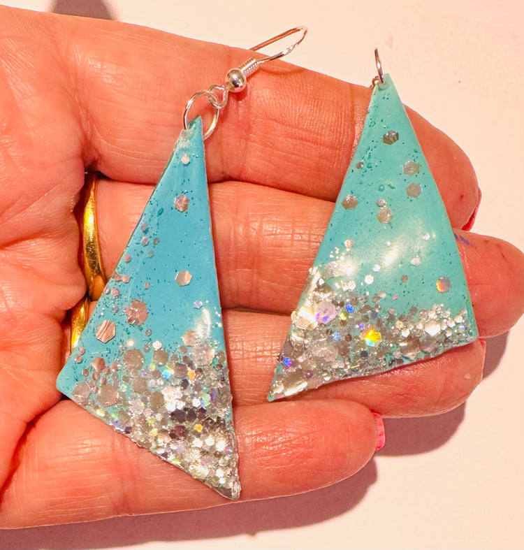 turquoise statement glittery earrings handmade from recycled tin cans