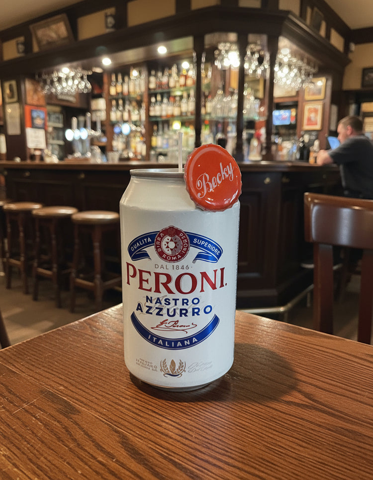 Personalised with name Peroni Nastro Azzurro can with a red cap on a white background