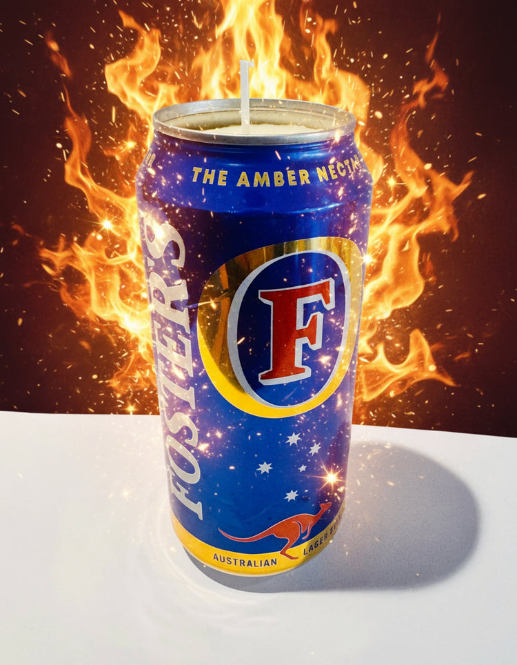 Fosters beer can candle handmade from tin cans