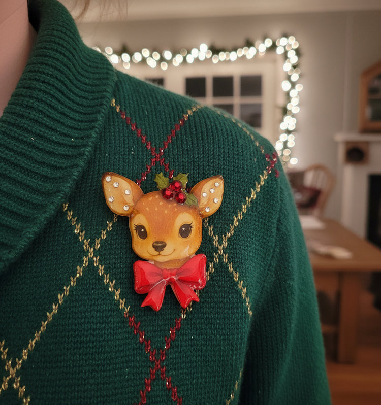 christmas deer brooch with rhinestones handmade