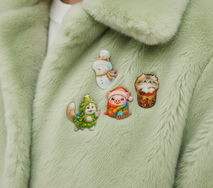 Christmas cute animals pins or magnets. Cat, Snowman or Pig in blanket.