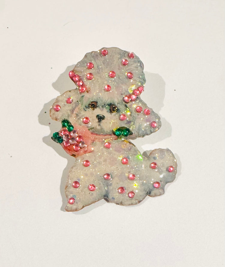pink and white diamante handmade poodle brooch