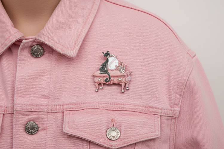 pink retro black cat on dressing table unique brooch on denim jacket