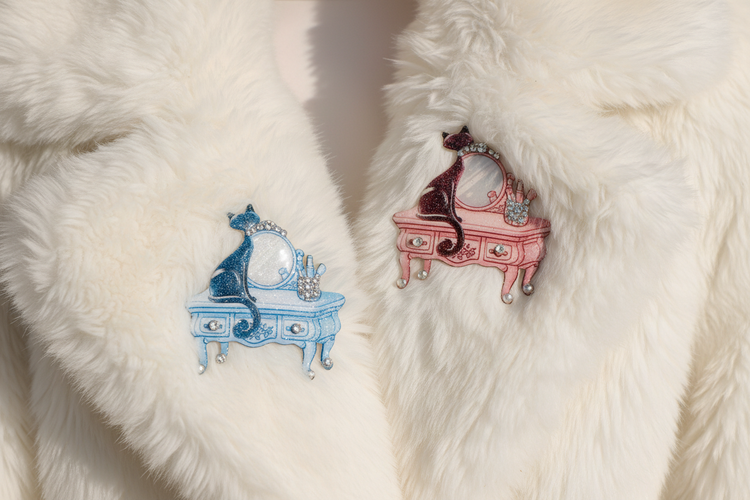 retro black cat on blue or pink brooch