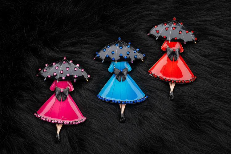 Red, blue and pink Umbrella brooch.