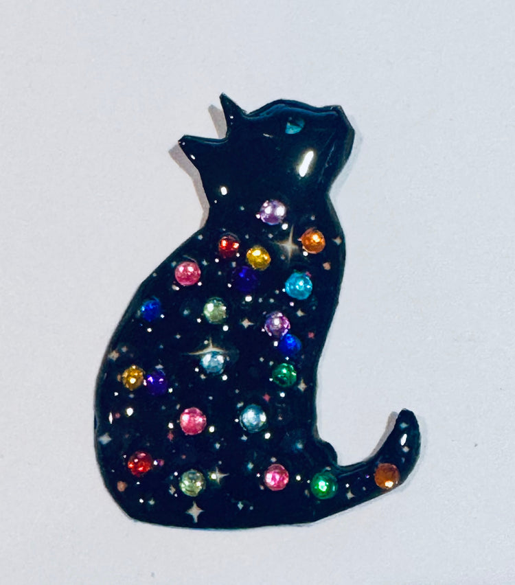 Black cat-shaped brooch with colourful gemstones