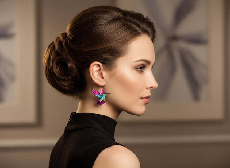 Colorful hummingbird earrings. handmade, unique