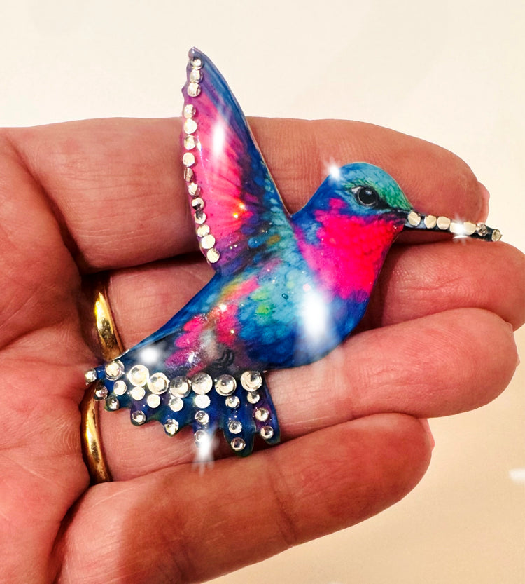 Kingfisher diamante brooch. Handmade from recycled tin cans