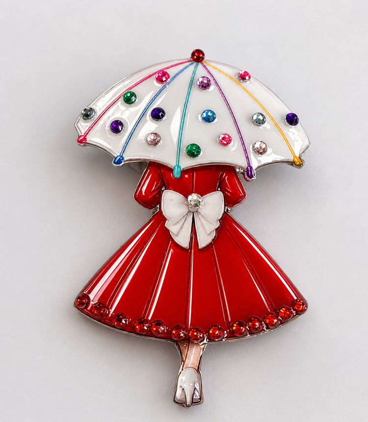 Lady in red with white umbrella retro brooch. Handmade Statement brooch
