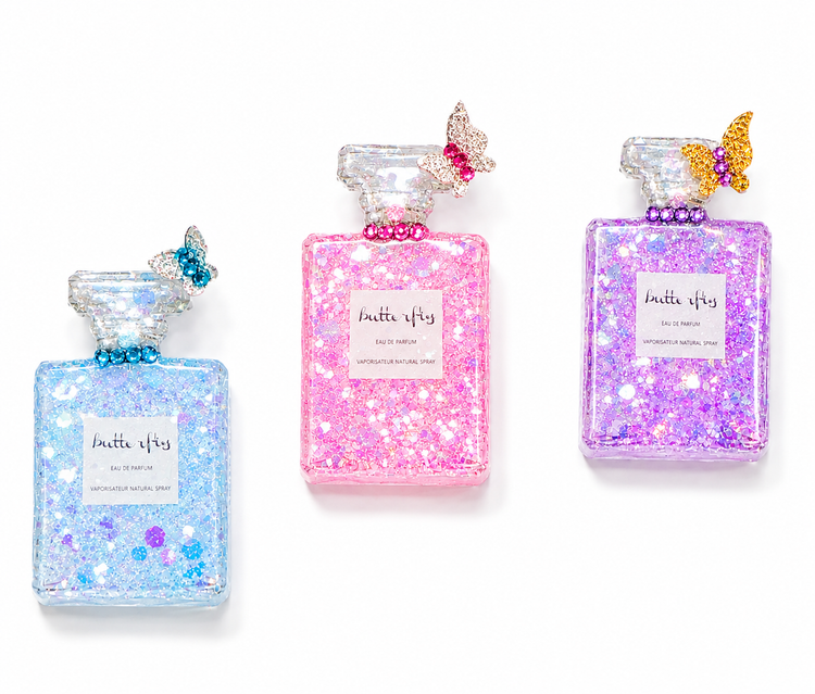 Perfume bottle enamel pin, pink, lilac and blue