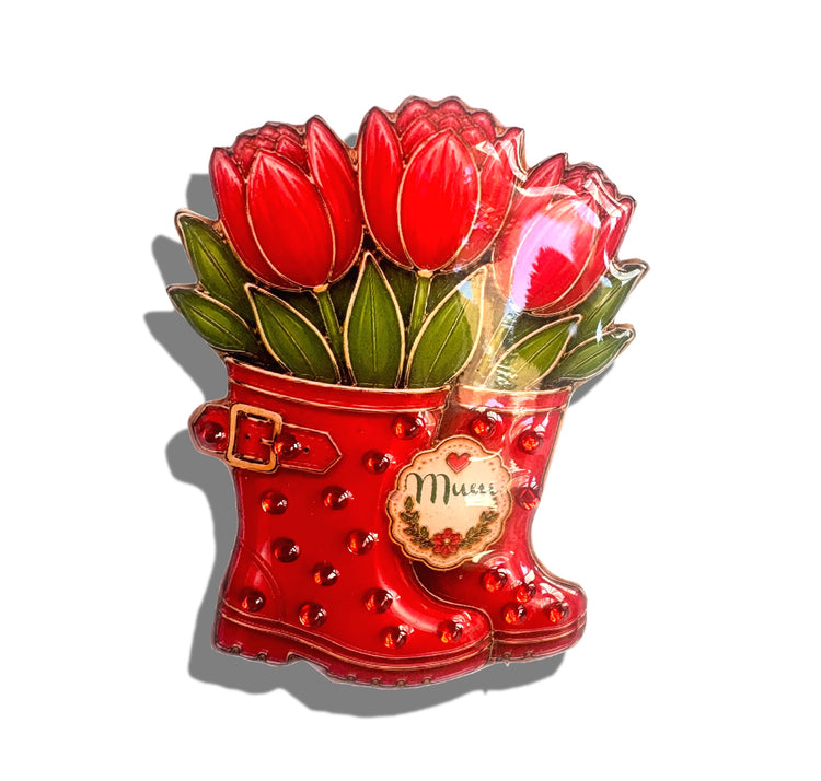 Wellie boots Personalised with name – Brooch, Magnet or Keyring. Pretty boots with tulips