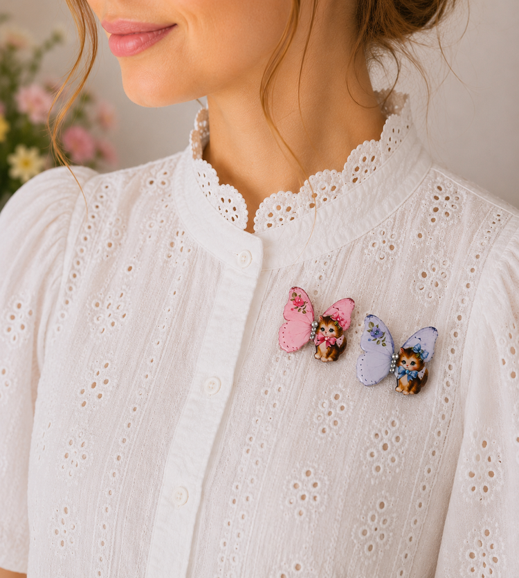 beautiful Butterfly cat enamel pin in pink, handmade
