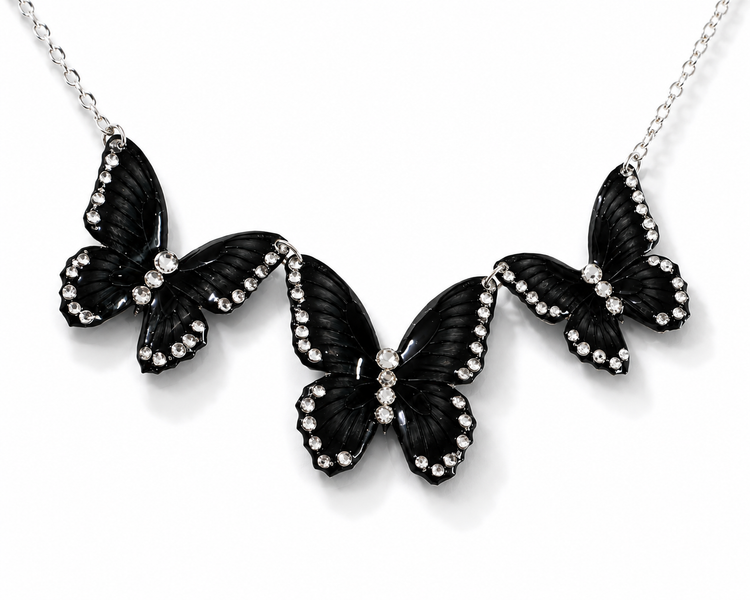 black 3 butterfly handmade necklace and earrings