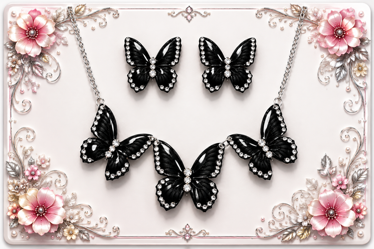 black butterfly jewellery set
