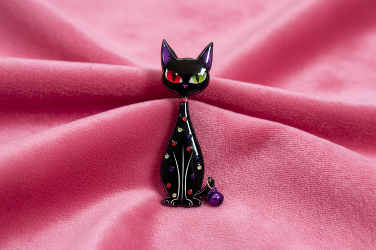 Black quirky tall cat brooch – Handmade from Recycled Tin Cans – Eco-Friendly Cat Lover Gift