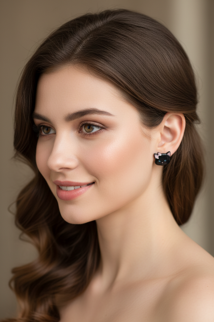 lucky black cat stud earrings
