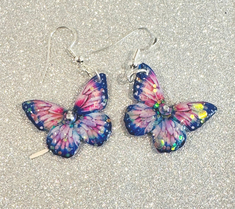 handmade pink and blue butterfly earrings