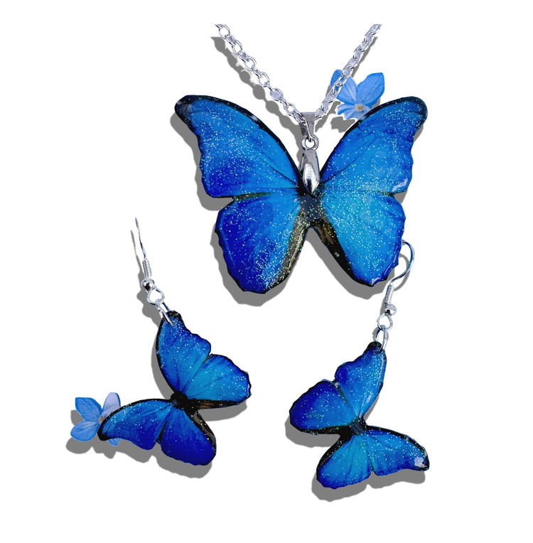 Blue Morpho Handmade Butterfly Jewellery Set – Eco-Friendly Recycled Tin Can Jewellery – Unique Sustainable Gift for Her. Earrings - pendant