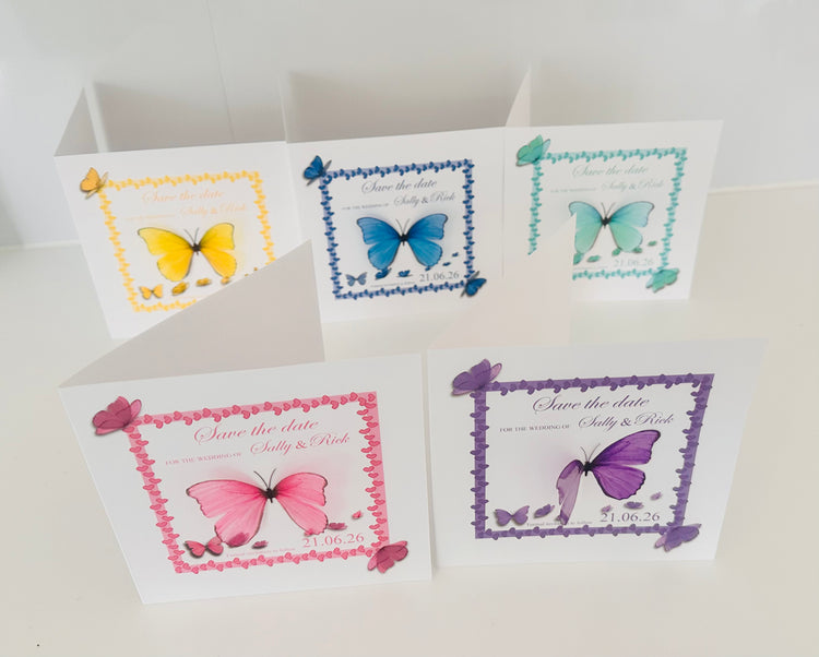 blue, pink, purple, yellow and teal save the date