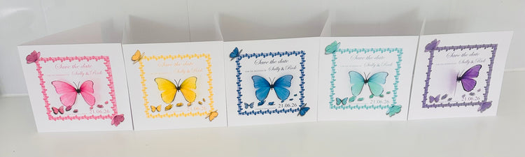 blue, pink, purple, yellow and turquoise save the date