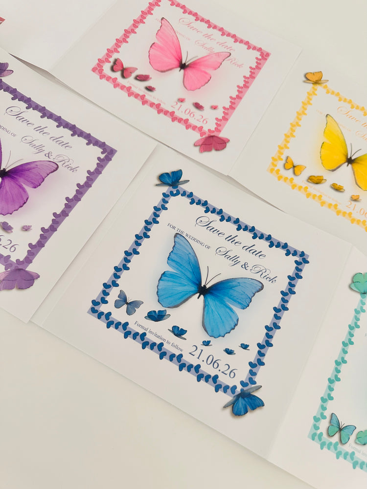blue, pink, purple, yellow and turquoise save the date personalised