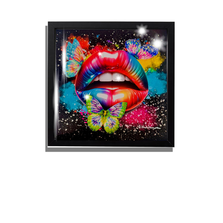 *Butterfly Kiss*. Vibrant lips with 3d butterflies modern colourful glitzy 3d picture.