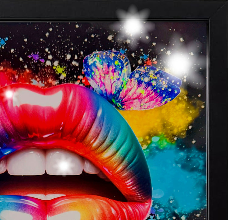 *Butterfly Kiss*. Vibrant lips with 3d butterflies modern colourful glitzy 3d picture.