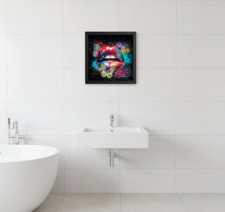 Framed artwork of colorful lips with butterflies made with recycled tin cans